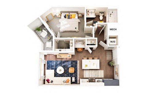 Floor plan for 1 bed, 1 bath, 731 sqft